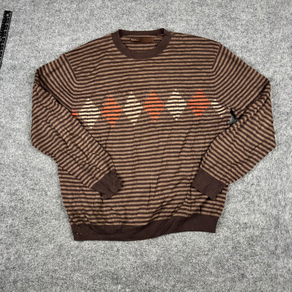 Perry Ellis Sweater Mens Size XL Brown Argyle Striped Viscose Blend Crew Neck